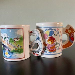 Set of 2 Vintage  Mugs ~ Teddy Bear and Goose Shaped Handles